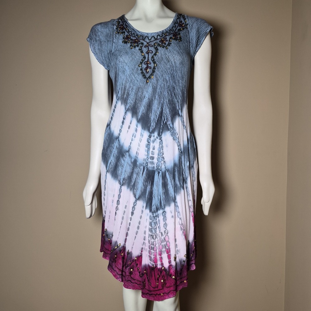 Riviera Sun Womens Tie Dye Crinkle Dress Blue Pink Embroidered Sequin Size M